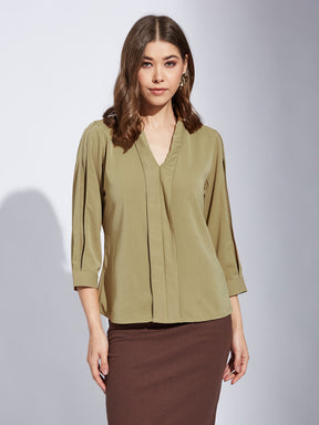 Latin Quarter Women Beige V-Neck 3/4th Sleeve Solid Top Blouse