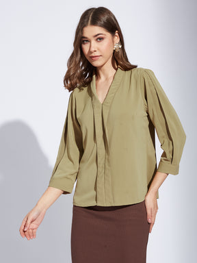 Latin Quarter Women Beige V-Neck 3/4th Sleeve Solid Top Blouse