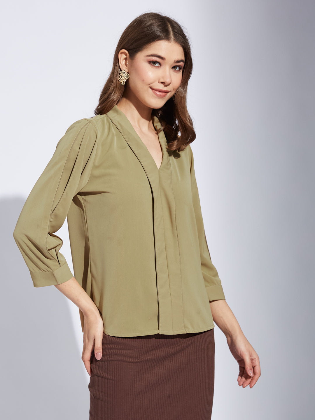 Latin Quarter Women Beige V-Neck 3/4th Sleeve Solid Top Blouse