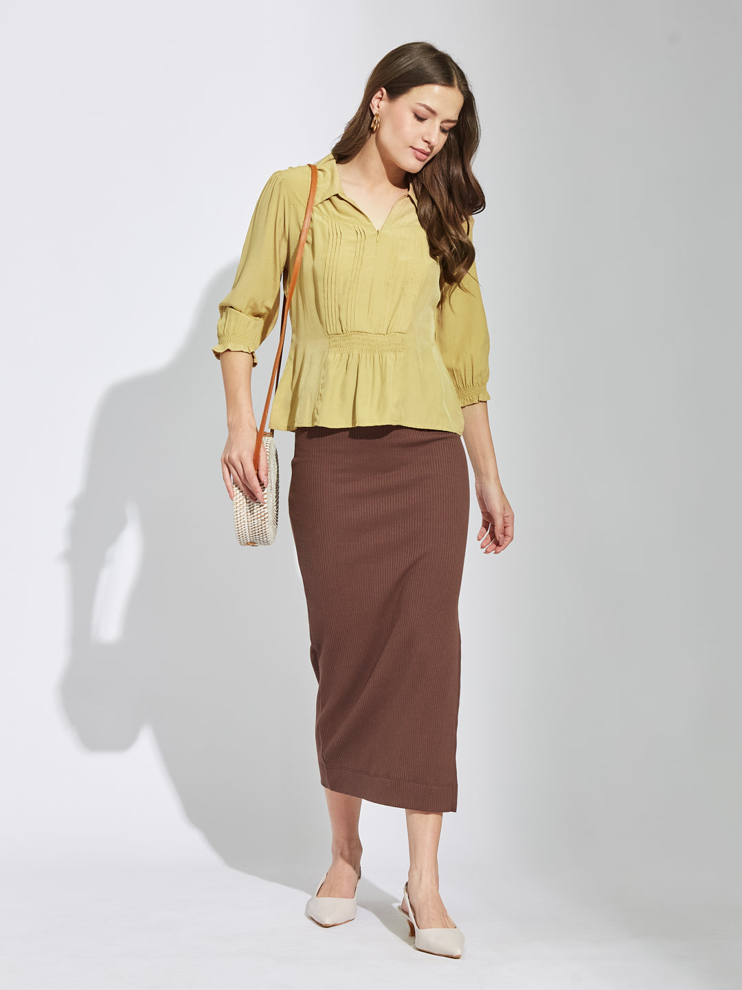 Latin Quarters Women Beige Collar Neck 3/4Th Sleeves Solid Shirt Blouse For Casual Wear