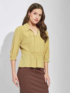 Latin Quarters Women Beige Collar Neck 3/4Th Sleeves Solid Shirt Blouse For Casual Wear