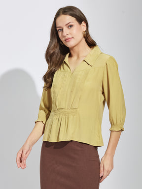 Latin Quarters Women Beige Collar Neck 3/4Th Sleeves Solid Shirt Blouse For Casual Wear