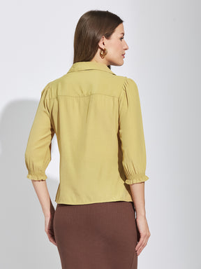 Latin Quarters Women Beige Collar Neck 3/4Th Sleeves Solid Shirt Blouse For Casual Wear