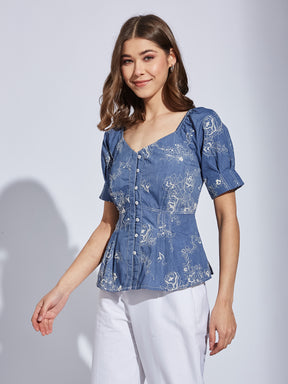 Latin Quarter Women Blue V-Neck Half Sleeve Printed Top Blouse