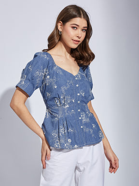 Latin Quarter Women Blue V-Neck Half Sleeve Printed Top Blouse