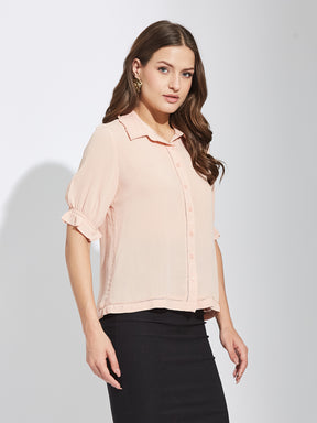 Latin Quarters Women Peach Collar Neck Half Sleeves Solid Shirt Blouse For Casual Wear