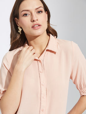 Latin Quarters Women Peach Collar Neck Half Sleeves Solid Shirt Blouse For Casual Wear