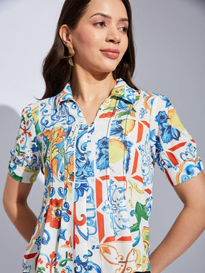 Latin Quarters Women White Collared Short Sleeve Printed Shirt Blouse For Casual Wear
