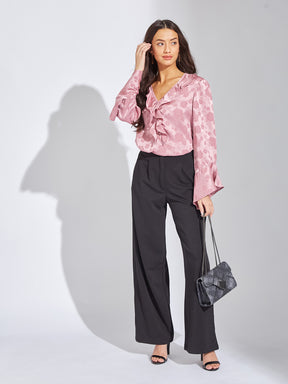 Latin Quarters Women Pink V-Neck Full Sleeves Printed Blouse Top For Evening