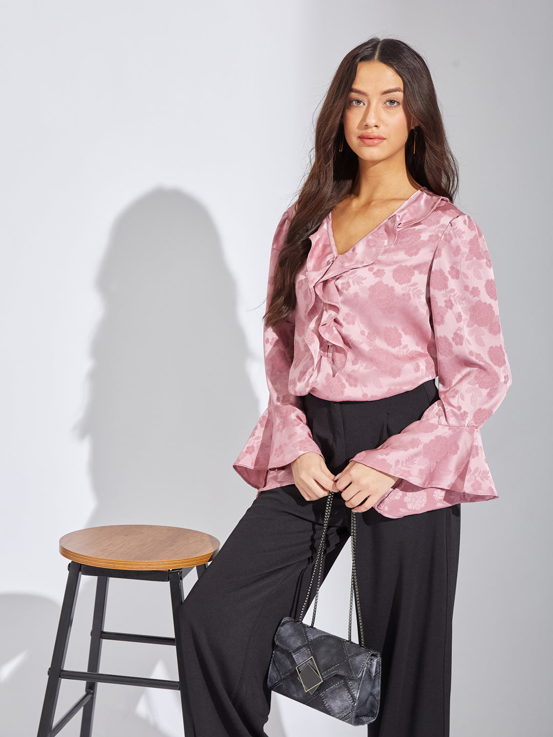 Latin Quarters Women Pink V-Neck Full Sleeves Printed Blouse Top For Evening