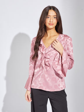Latin Quarters Women Pink V-Neck Full Sleeves Printed Blouse Top For Evening