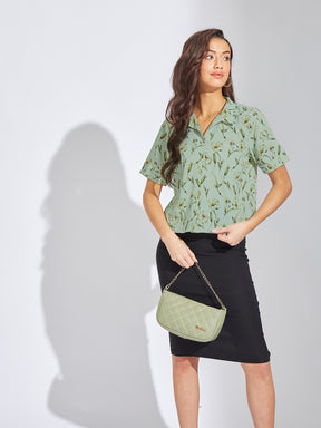 Latin Quarters Women Green Collar Neck Half Sleeves Printed Shirt Blouse For Casual