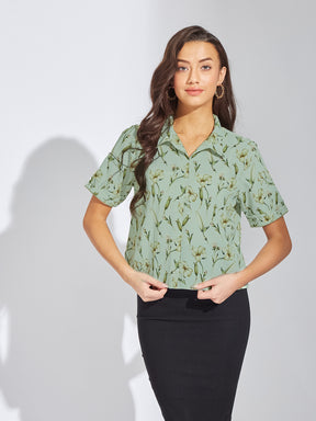 Latin Quarters Women Green Collar Neck Half Sleeves Printed Shirt Blouse For Casual