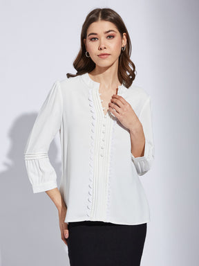 Latin Quarter Women White V-Neck 3/4th Sleeve Solid Tunic Blouse