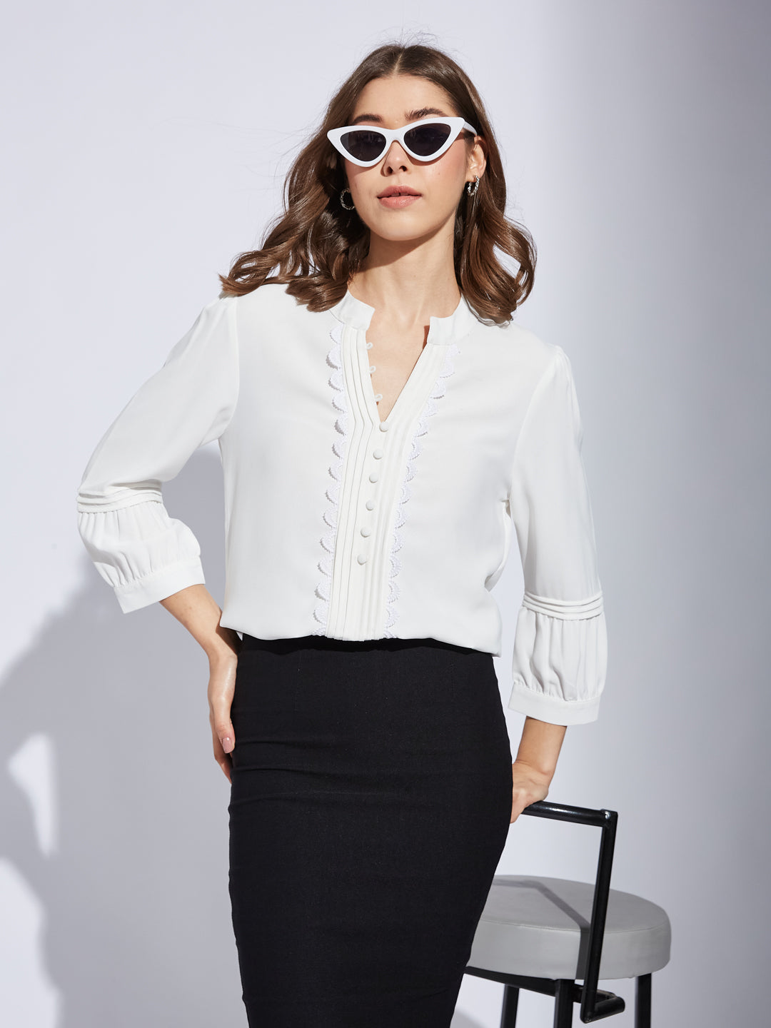 Latin Quarter Women White V-Neck 3/4Th Sleeve Solid Tunic Blouse