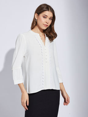 Latin Quarter Women White V-Neck 3/4th Sleeve Solid Tunic Blouse