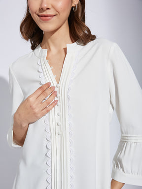 Latin Quarter Women White V-Neck 3/4th Sleeve Solid Tunic Blouse