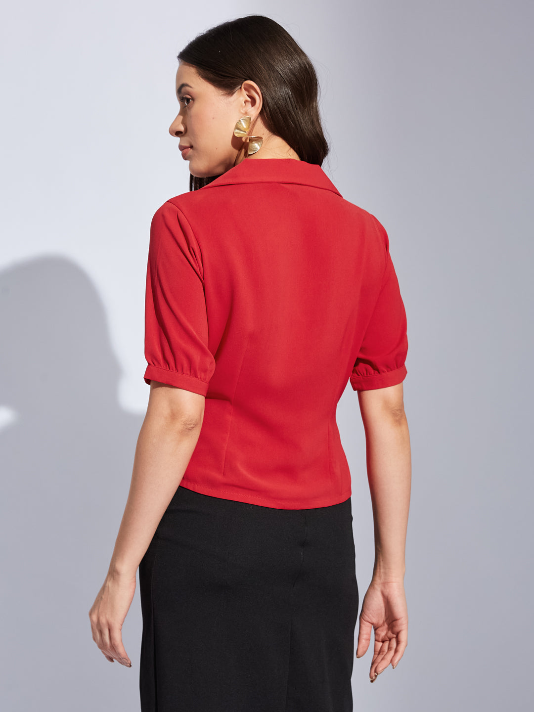 Latin Quarters Women Red Collared Half Sleeves Solid Top Blouse For Casual Wear