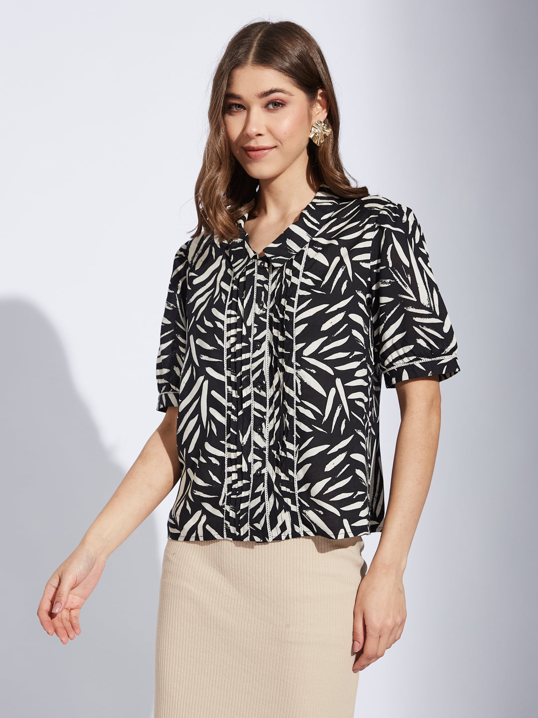 Latin Quarter Women Black Collar Neck Half Sleeve Printed Shirt Blouse