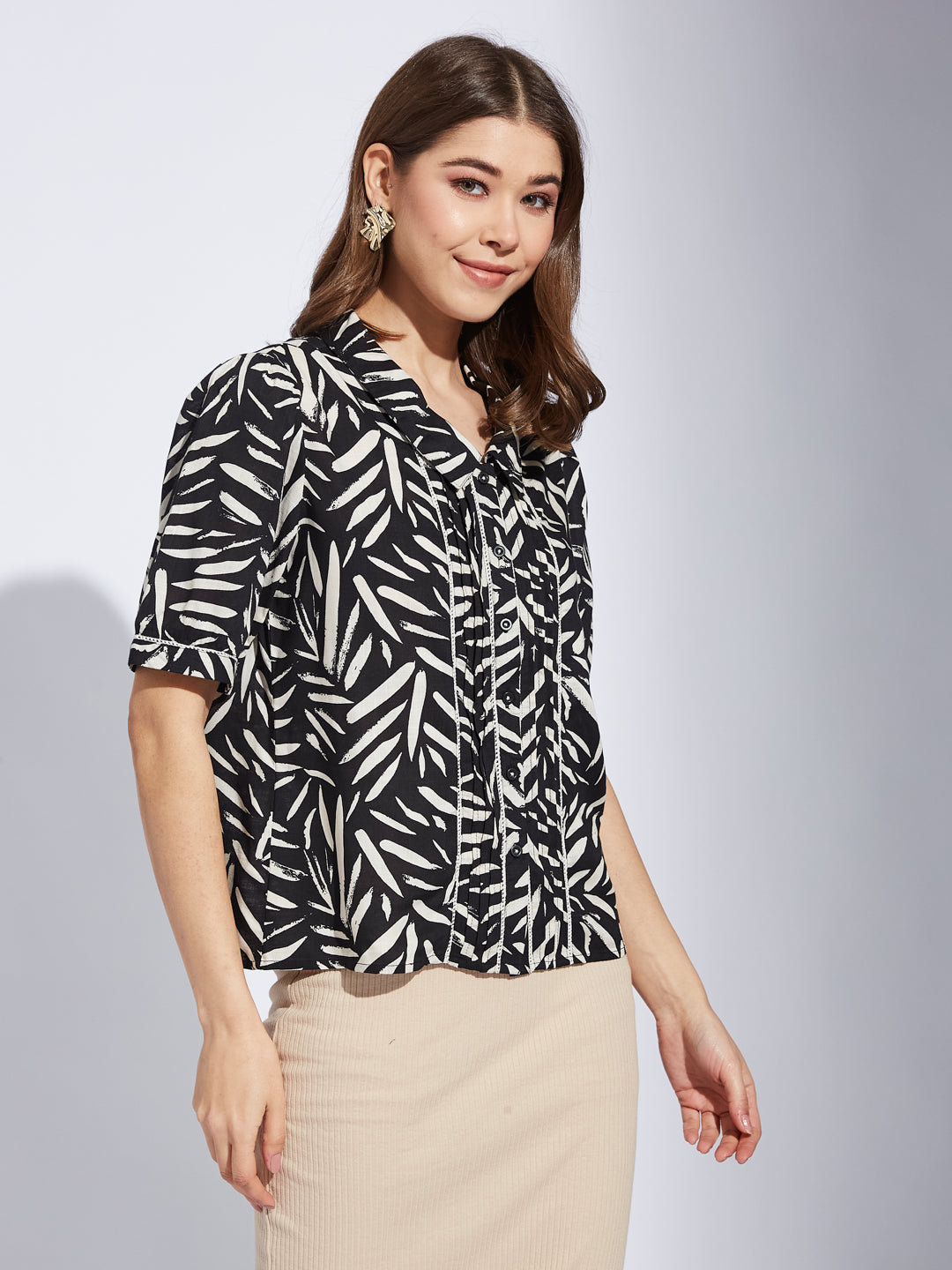 Latin Quarter Women Black Collar Neck Half Sleeve Printed Shirt Blouse