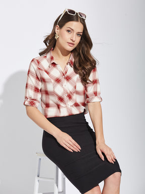 Latin Quarters Women Red Collar Neck Half Sleeves Checked Shirt Blouse For Casual Wear