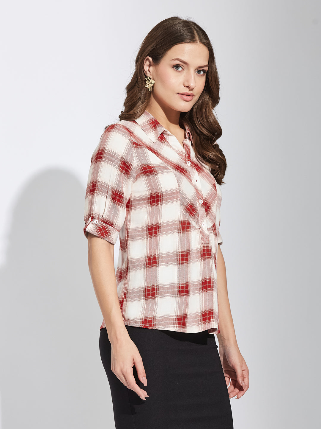 Latin Quarters Women Red Collar Neck Half Sleeves Checked Shirt Blouse For Casual Wear