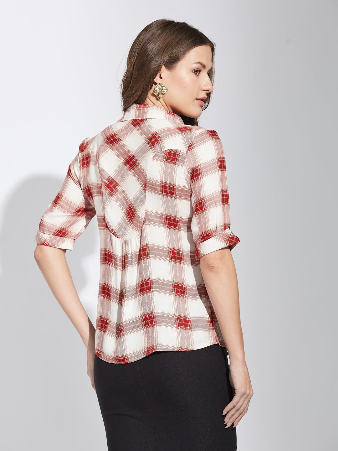 Latin Quarters Women Red Collar Neck Half Sleeves Checked Shirt Blouse For Casual Wear