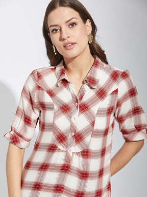 Latin Quarters Women Red Collar Neck Half Sleeves Checked Shirt Blouse For Casual Wear