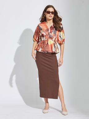 Latin Quarters Women Orange V-Neck Half Sleeves Printed Top Blouse For Party Wear