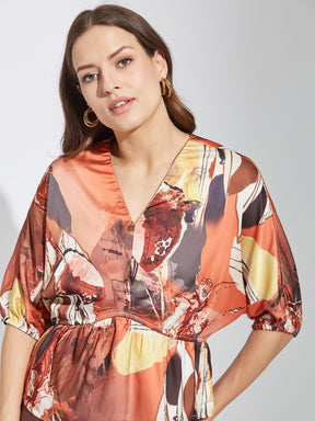 Latin Quarters Women Orange V-Neck Half Sleeves Printed Top Blouse For Party Wear