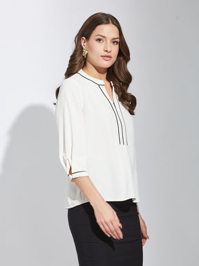 Latin Quarters Women Ivory Round Neck 3/4Th Sleeves Solid Top Blouse For Casual Wear