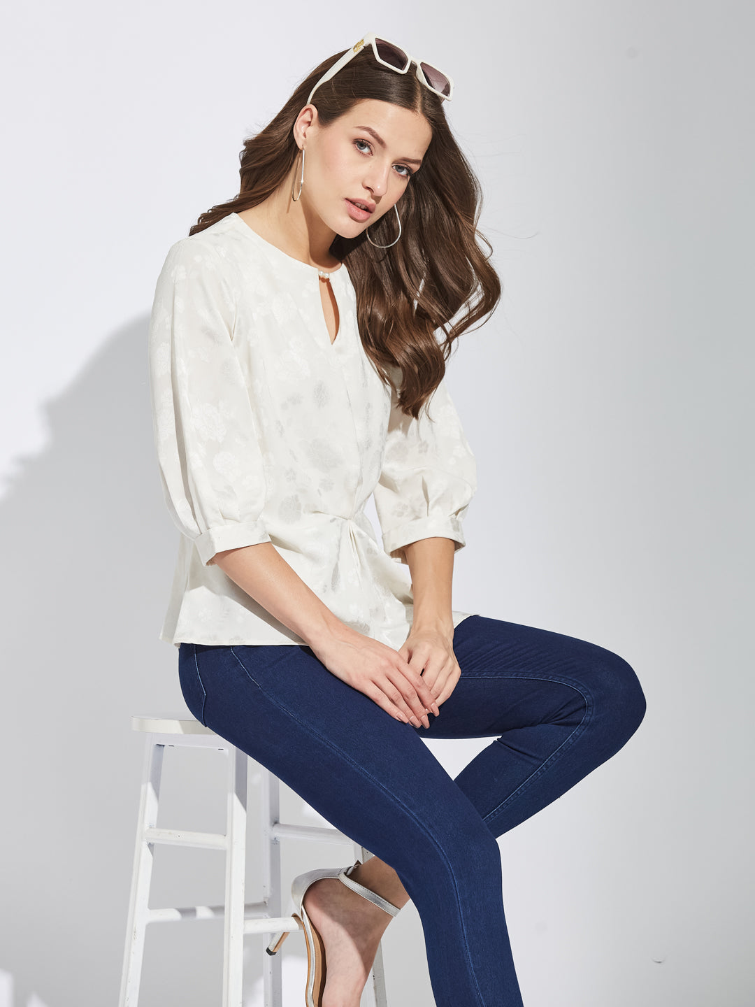 Latin Quarters Women Ivory Round Neck 3/4Th Sleeves Printed Top Blouse For Casual Wear