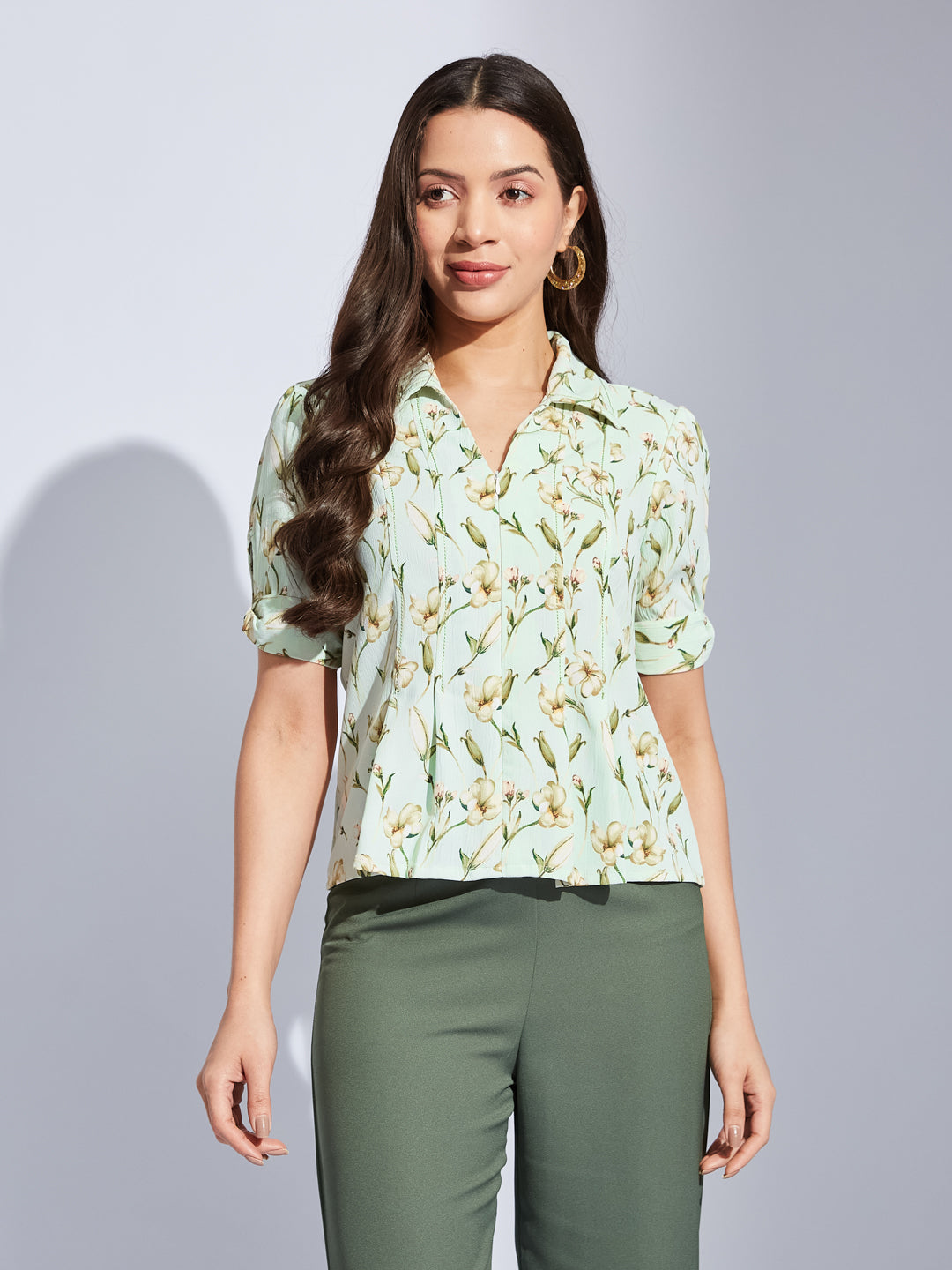 Latin Quarters Women Green Printed Collared Half Sleeves Casual Crop Top