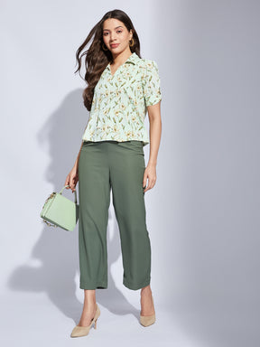 Latin Quarters Women Green Printed Collared Half Sleeves Casual Crop Top