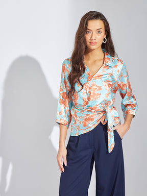 Latin Quarters Women Brown Collar Neck 3/4th Sleeves Printed Blouse Top For Casual