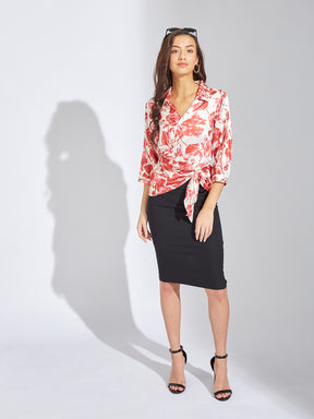 Latin Quarters Women Red Collar Neck 3/4th Sleeves Printed Blouse Top For Casual