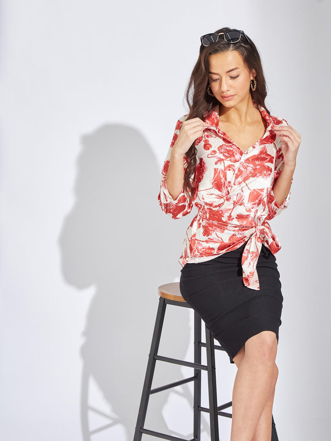 Latin Quarters Women Red Collar Neck 3/4th Sleeves Printed Blouse Top For Casual