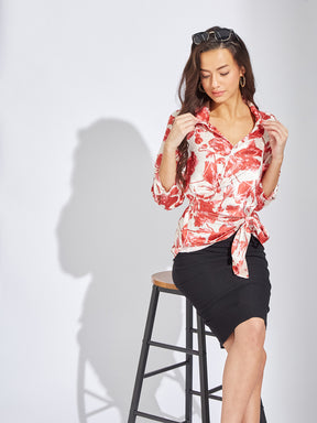 Latin Quarters Women Red Collar Neck 3/4th Sleeves Printed Blouse Top For Casual