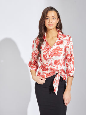 Latin Quarters Women Red Collar Neck 3/4th Sleeves Printed Blouse Top For Casual