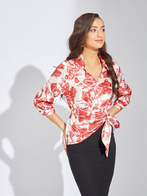 Latin Quarters Women Red Collar Neck 3/4th Sleeves Printed Blouse Top For Casual