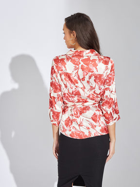 Latin Quarters Women Red Collar Neck 3/4th Sleeves Printed Blouse Top For Casual