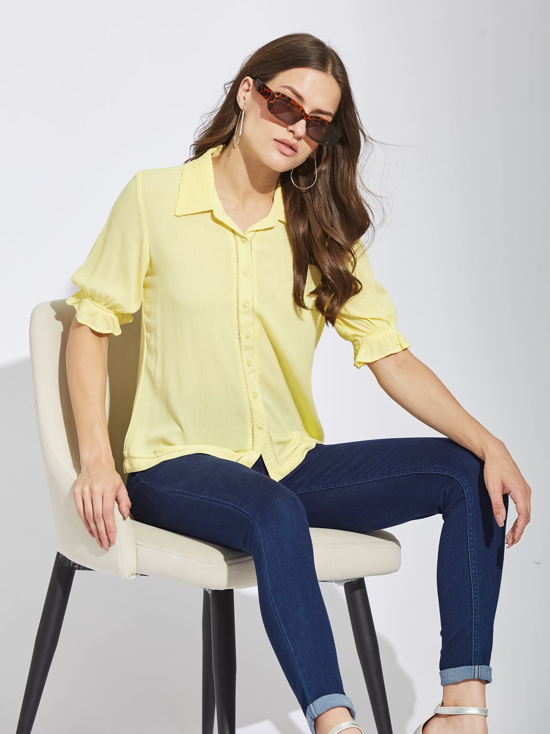 Latin Quarters Women Yellow Collar Neck Half Sleeves Solid Shirt Blouse For Casual Wear