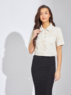 Latin Quarters Women Brown Collar Neck Half Sleeves Embroidery Shirt Blouse For Casual