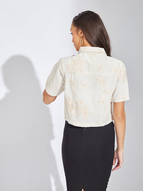 Latin Quarters Women Brown Collar Neck Half Sleeves Embroidery Shirt Blouse For Casual