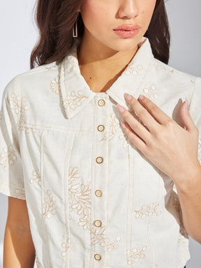 Latin Quarters Women Brown Collar Neck Half Sleeves Embroidery Shirt Blouse For Casual