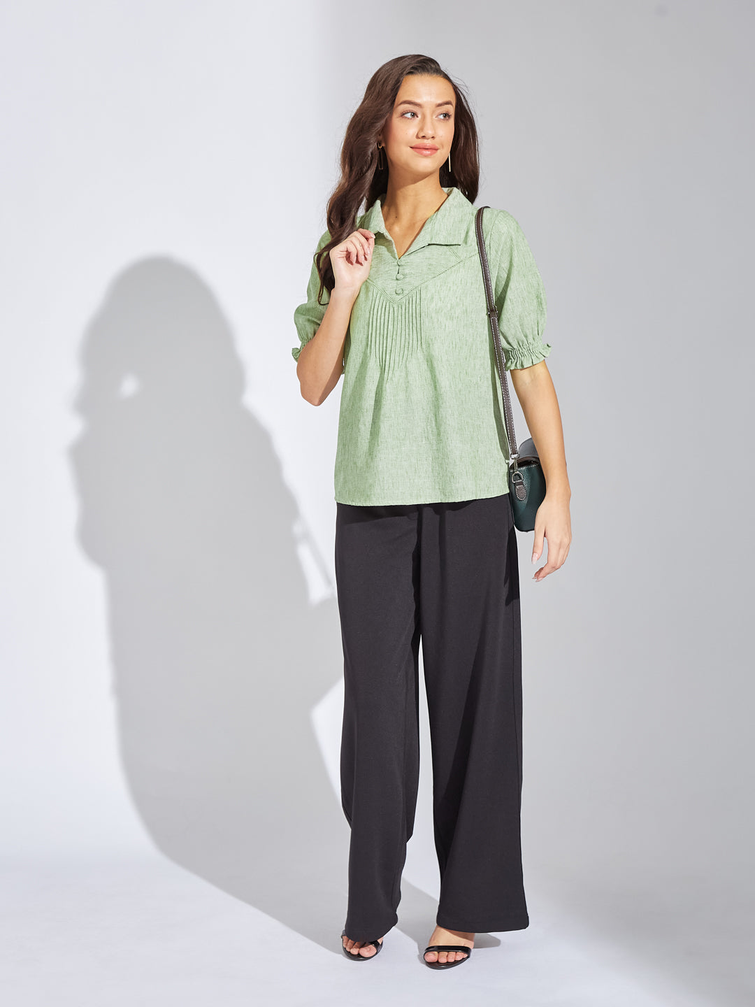 Latin Quarters Women's Green Solid Collar Neck Half Sleeves Casual Top