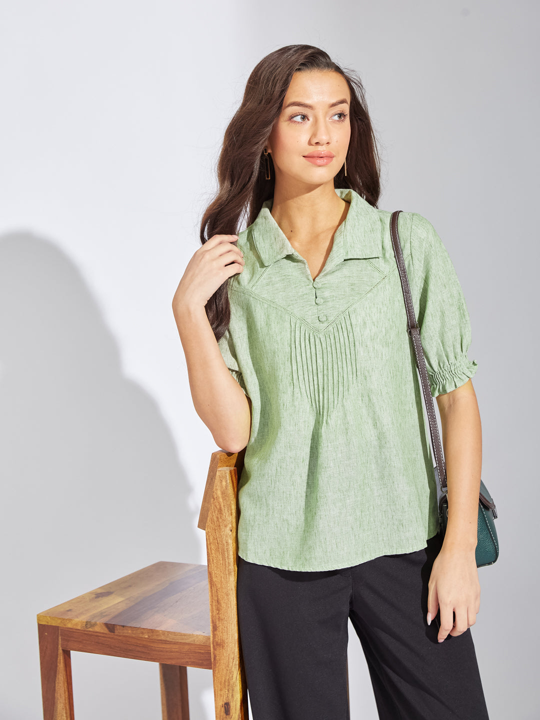 Latin Quarters Women's Green Solid Collar Neck Half Sleeves Casual Top