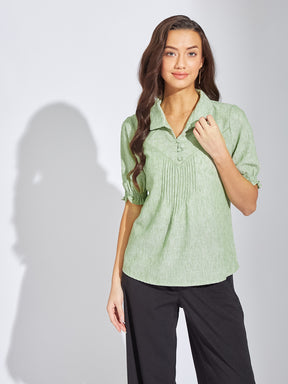 Latin Quarters Women Green Collar Neck Half Sleeves Solid Blouse Top For Casual