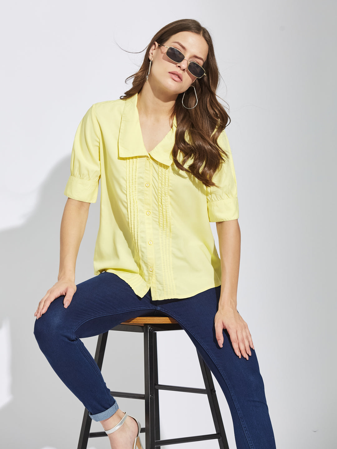 Latin Quarters Women Yellow Collar Neck Half Sleeves Solid Shirt Blouse For Casual
