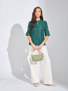 Latin Quarters Women Teal Collar Neck Half Sleeves Solid Blouse Top For Casual